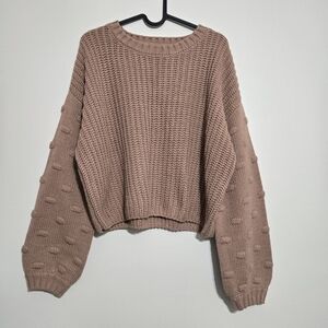 Moon & Madison Taupe Crew Neck Chunky Knit Sweater with Textured Sleeves Size L
